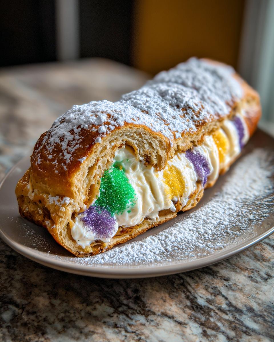 A slice of Classic King Cake on a plate, filled with cream and colorful sprinkles.