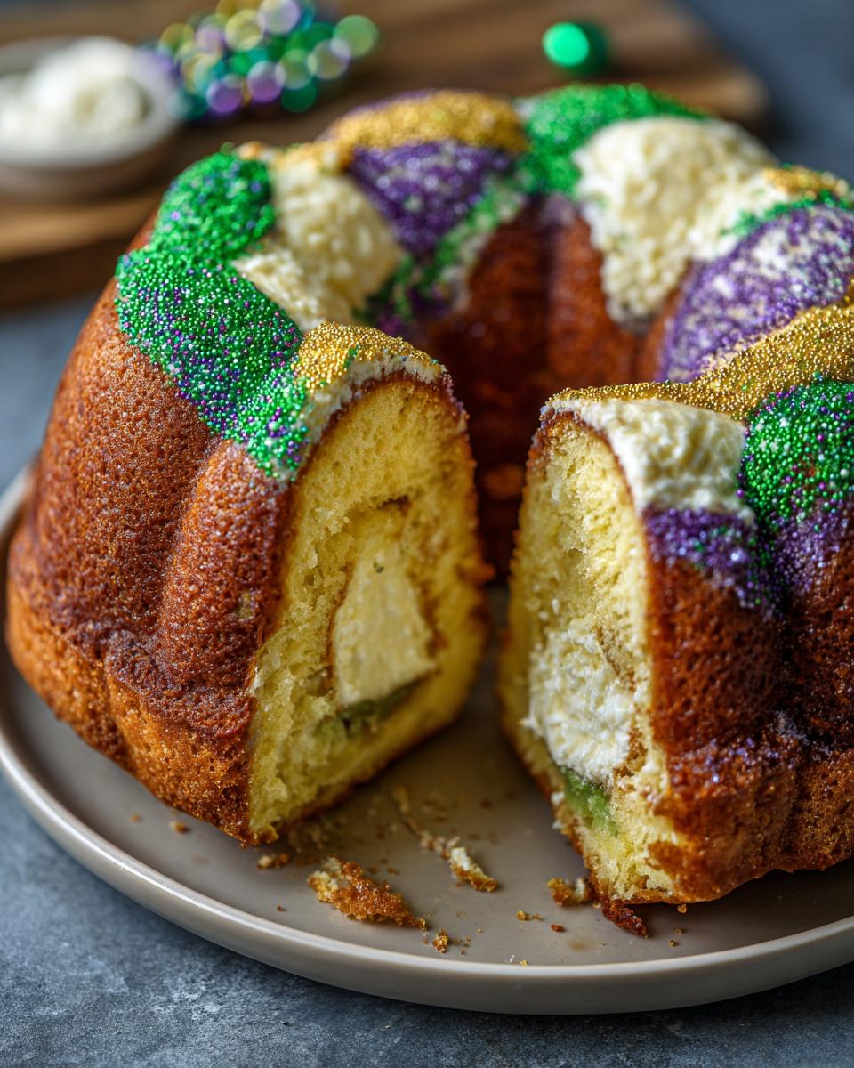 Close-up of a sliced Classic King Cake with colorful sprinkles and filling.