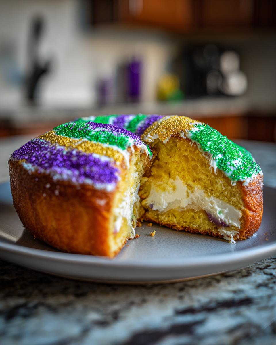 A slice of Classic King Cake with purple, green, and gold sprinkles, revealing a cream filling.