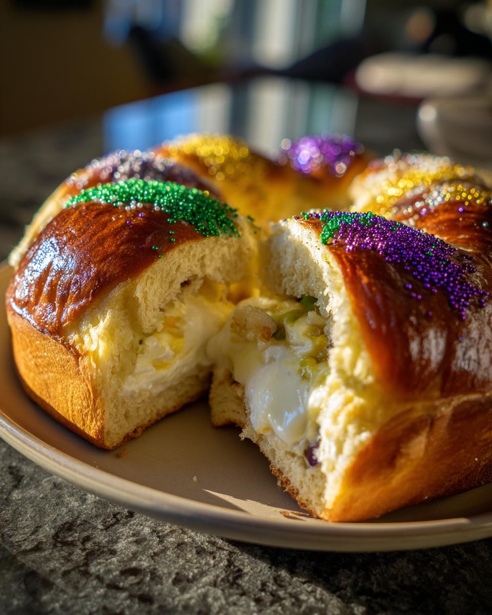 Close-up of a sliced Classic King Cake, showing cream filling and colorful sprinkles.