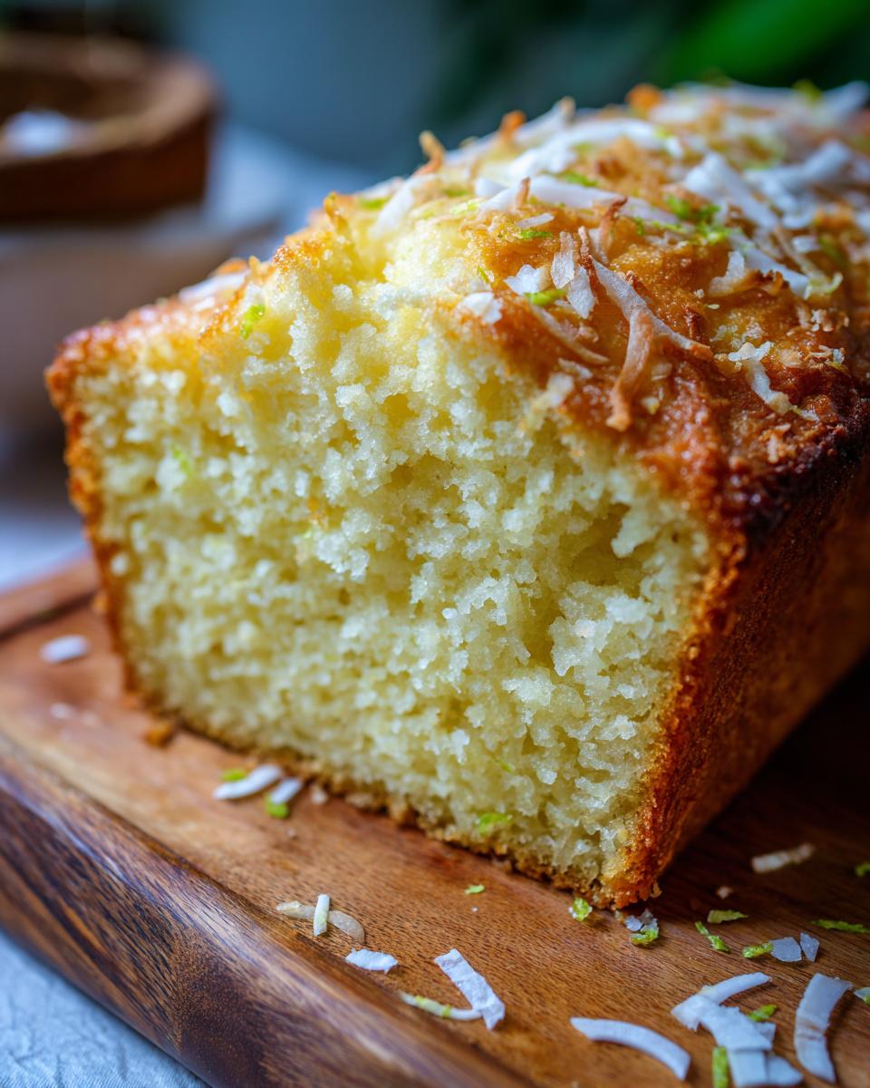 Close-up of a slice of Coconut Lime Pound Cake on a wooden board, with coconut flakes and lime zest.