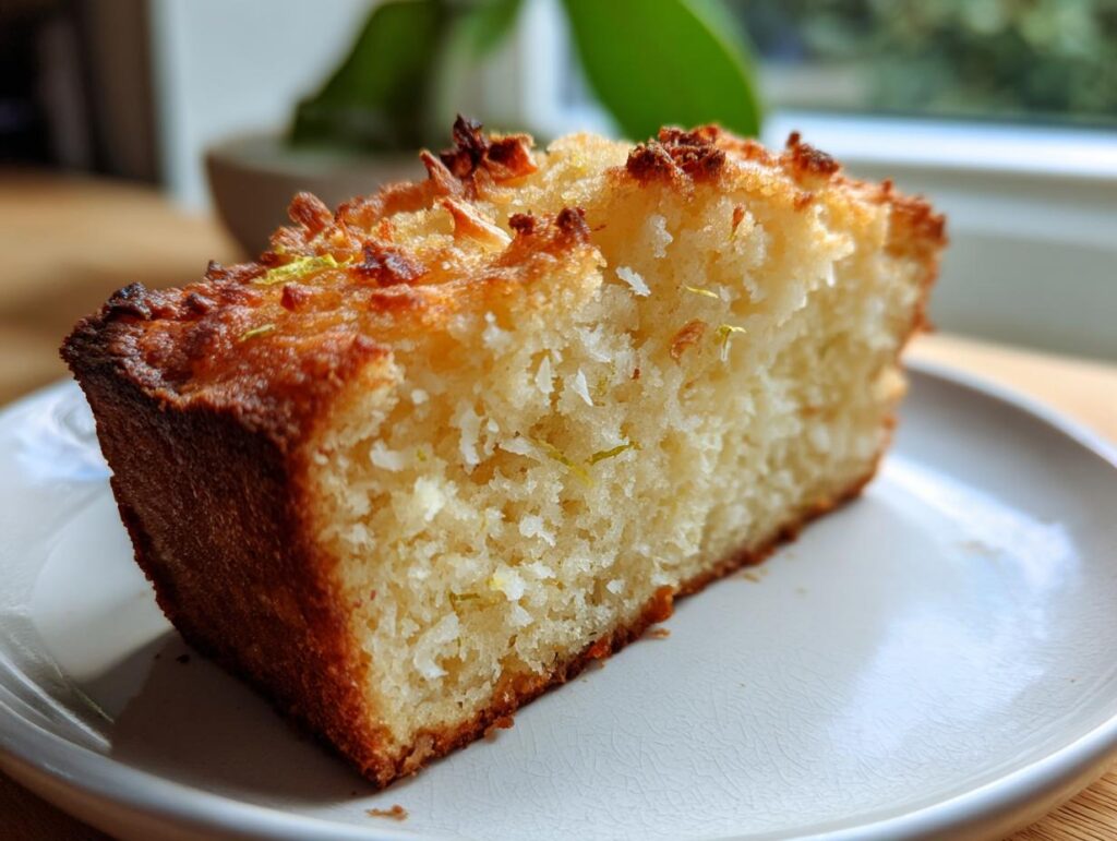 Close-up of a slice of Coconut Lime Pound Cake on a plate, showing the moist texture and coconut flakes.