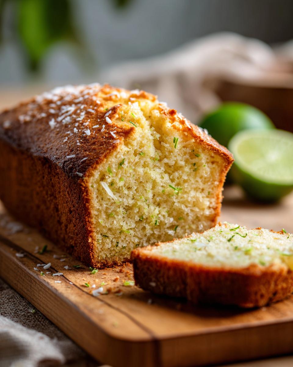 Close-up of a sliced Coconut Lime Pound Cake on a wooden board, with lime and coconut flakes.
