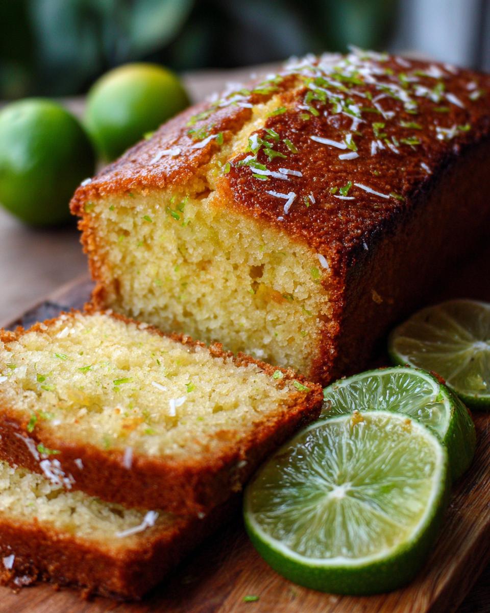 Close-up of sliced Coconut Lime Pound Cake with lime slices and fresh limes.