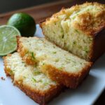 Slices of delicious Coconut Lime Pound Cake, showing texture, with fresh lime halves.