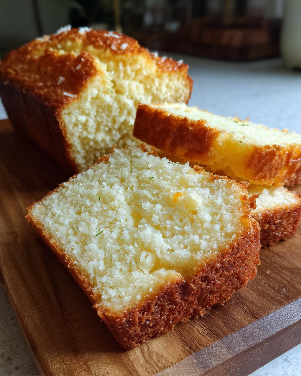Close-up of sliced Coconut Lime Pound Cake, showing the moist texture and crumb.