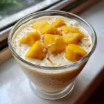 Close-up of a glass of Coconut Mango Tapioca Pudding, topped with fresh mango chunks.
