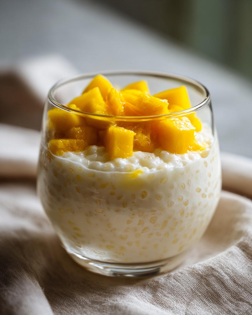 Close-up of a glass of Coconut Mango Tapioca Pudding topped with fresh mango.