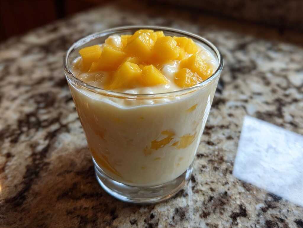 Glass of Coconut Mango Tapioca Pudding topped with fresh mango chunks.