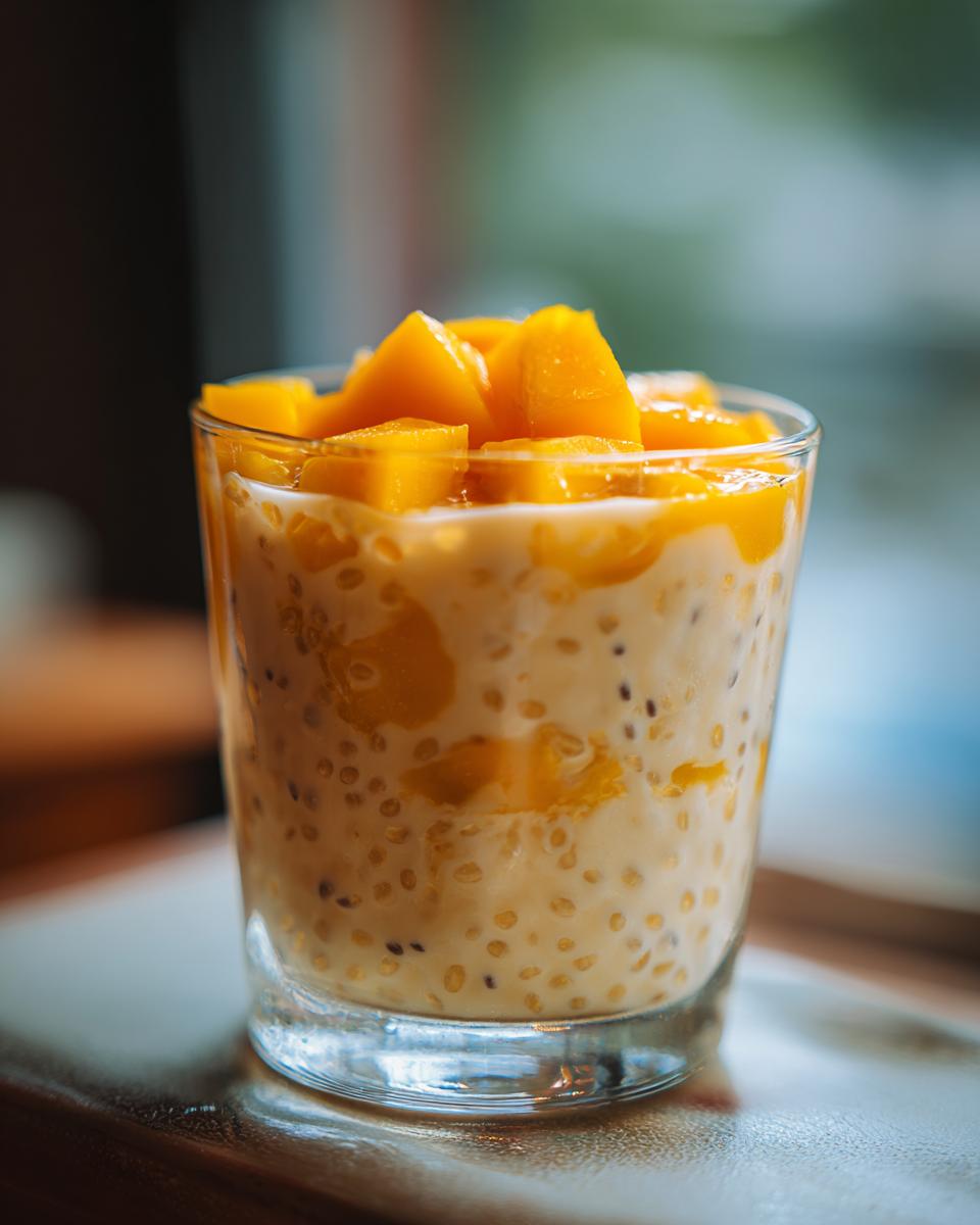 Close-up of a glass of Coconut Mango Tapioca Pudding, topped with fresh mango chunks.