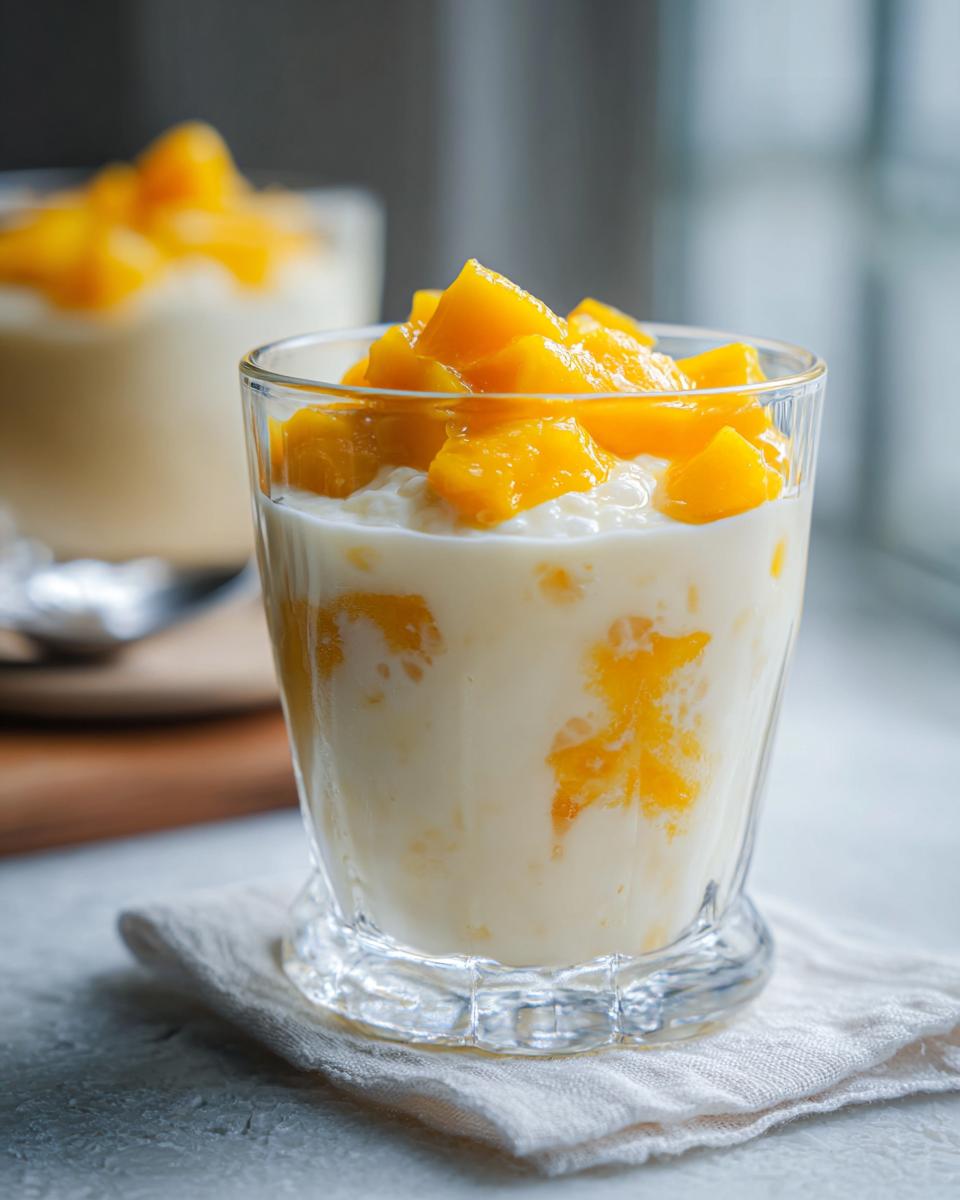 Close-up of Coconut Mango Tapioca Pudding in a glass, topped with fresh mango.