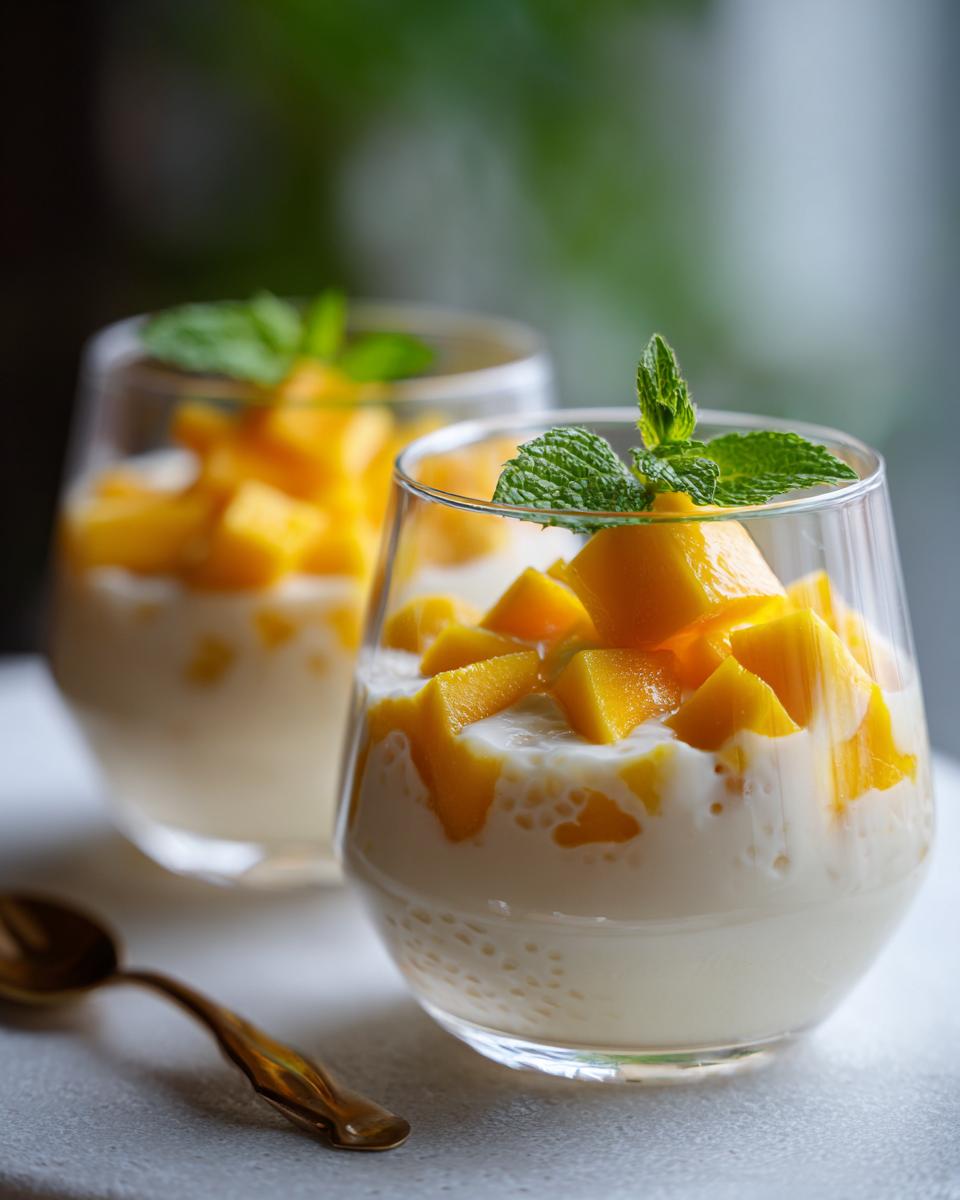 Two glasses of Coconut Mango Tapioca Pudding topped with fresh mango and mint.