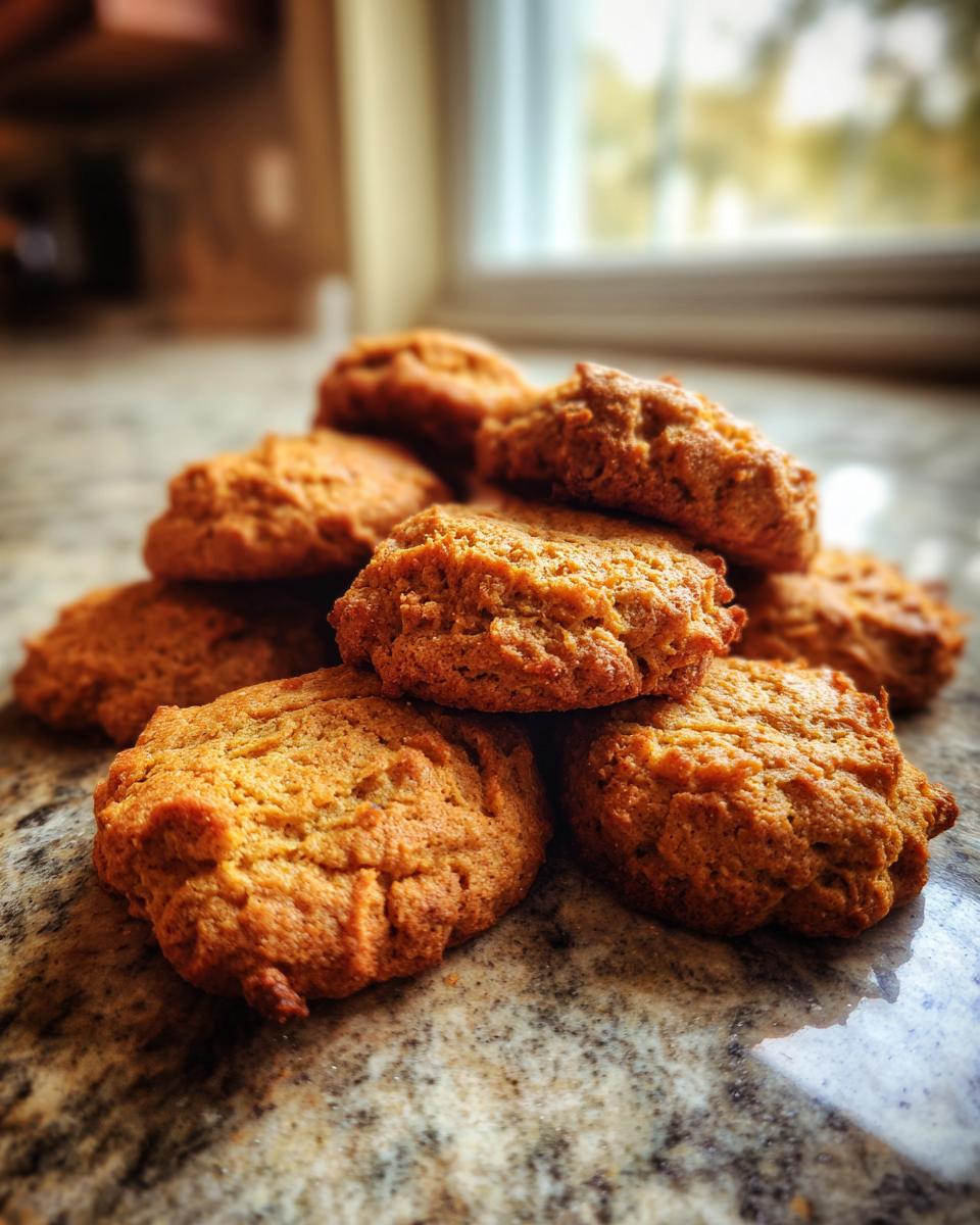 A stack of homemade Coconut & Pumpkin Dog Biscuits on a countertop, ready to eat.