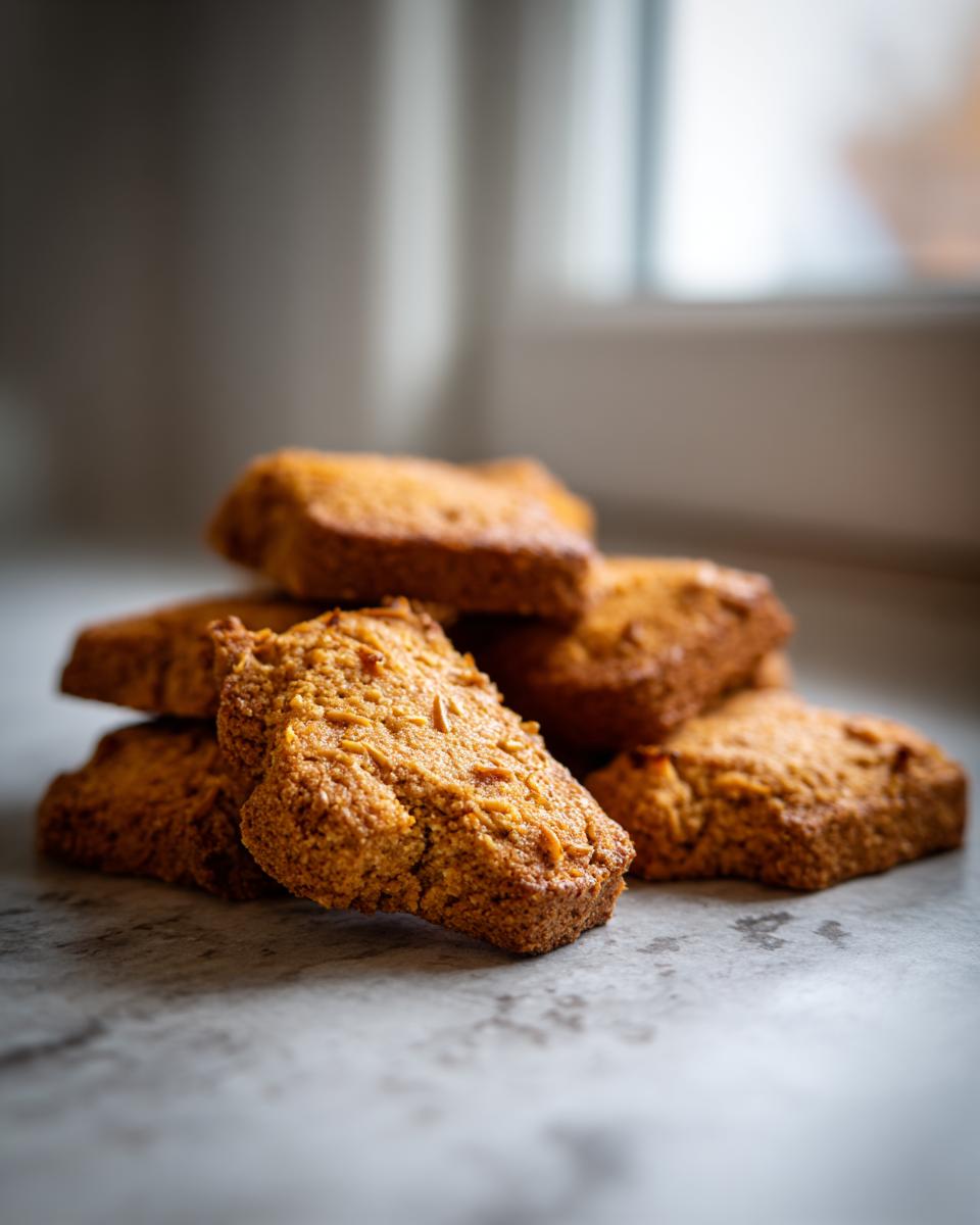 Close-up of a stack of homemade Coconut & Pumpkin Dog Biscuits, perfect dog treats.