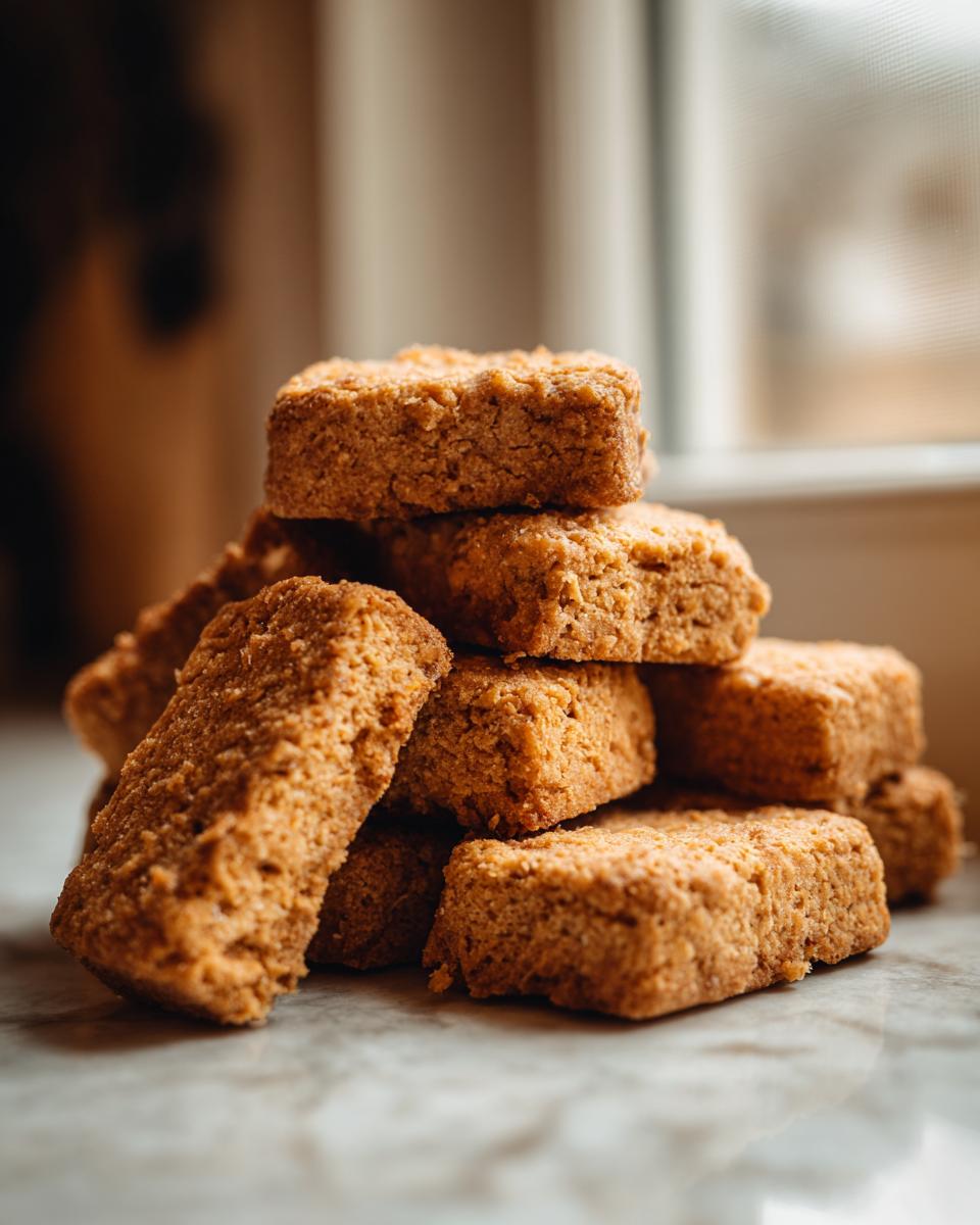 Close-up of a stack of delicious Coconut & Pumpkin Dog Biscuits, perfect dog treats.