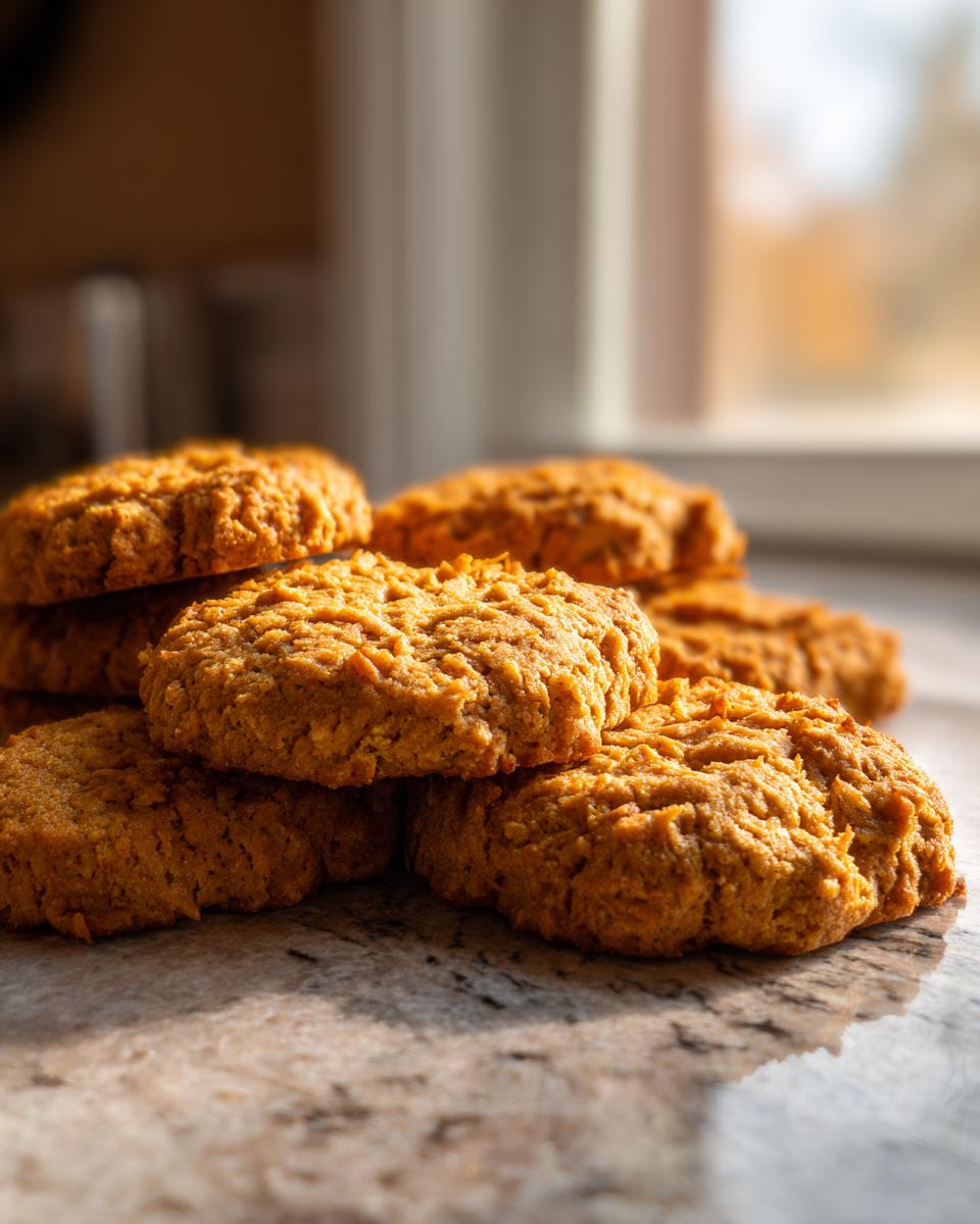 Close-up of a stack of homemade Coconut & Pumpkin Dog Biscuits, golden brown and delicious.