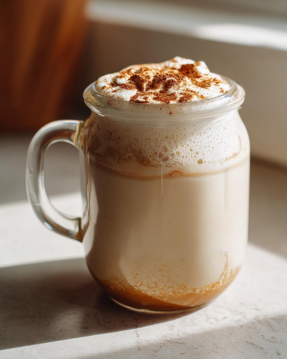 Close-up of a glass mug filled with Cozy Cinnamon Honey Milk, topped with foam and cinnamon.