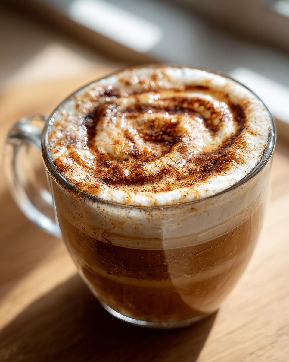 Close-up of a glass mug filled with Cozy Cinnamon Honey Milk, topped with cinnamon.