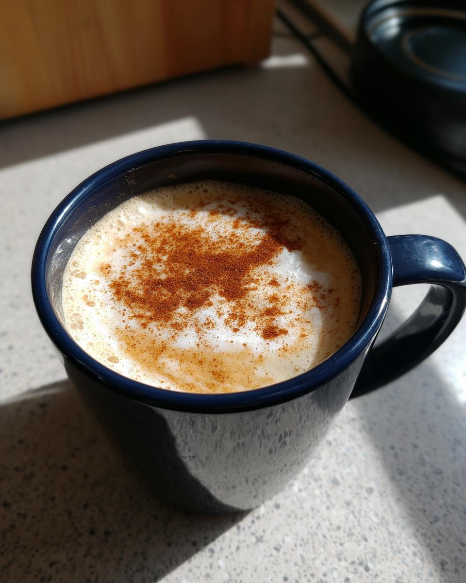 A mug of Cozy Cinnamon Honey Milk, topped with cinnamon, in a blue mug. Perfect for a warm and comforting drink.