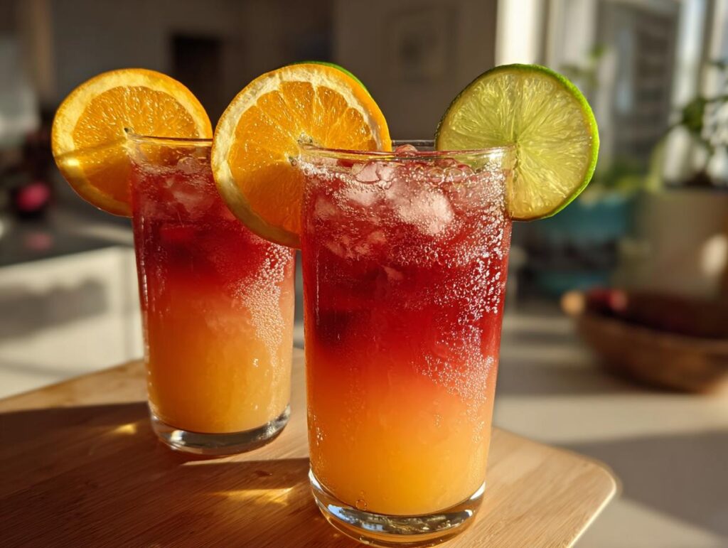Two glasses of Cranberry Citrus Refresher cocktails garnished with orange and lime slices.