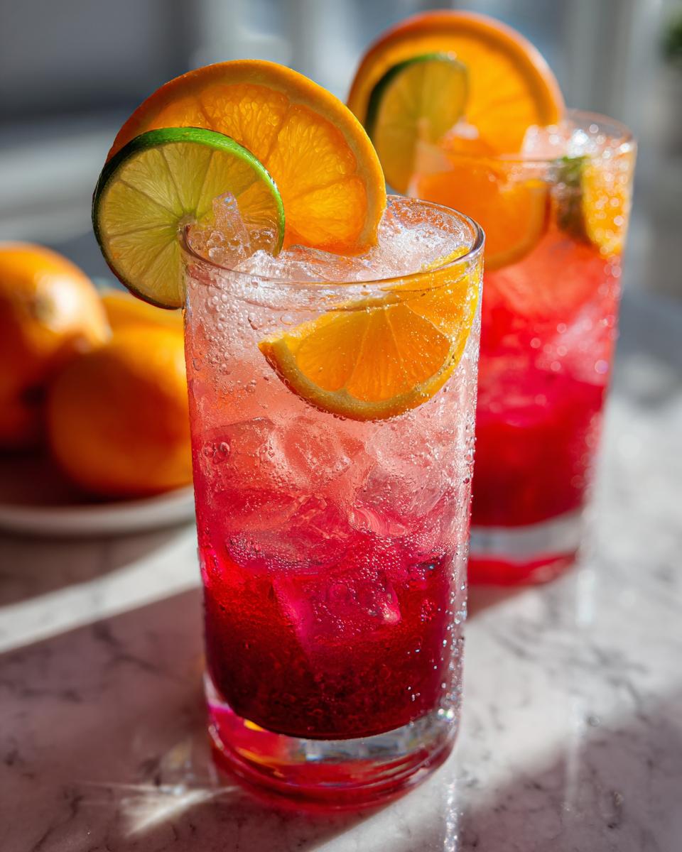 Two glasses of a vibrant Cranberry Citrus Refresher, garnished with orange and lime slices.