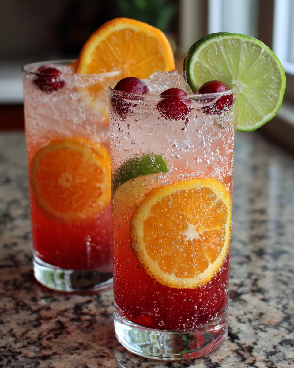 Two glasses of a vibrant Cranberry Citrus Refresher with orange and lime slices, cranberries, and ice.