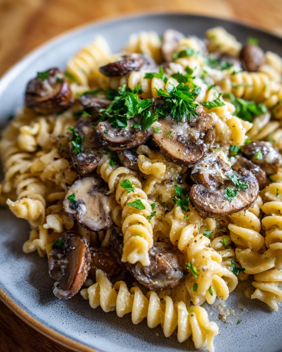 Close-up of Creamy Garlic Mushroom Pasta with fusilli pasta, mushrooms, and fresh parsley.
