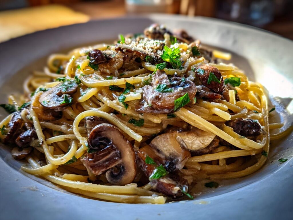 Close-up of Creamy Garlic Mushroom Pasta, a flavorful pasta dish with mushrooms and herbs.