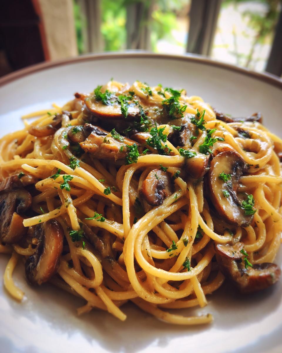 Close-up of Creamy Garlic Mushroom Pasta, garnished with fresh parsley, served on a white plate.