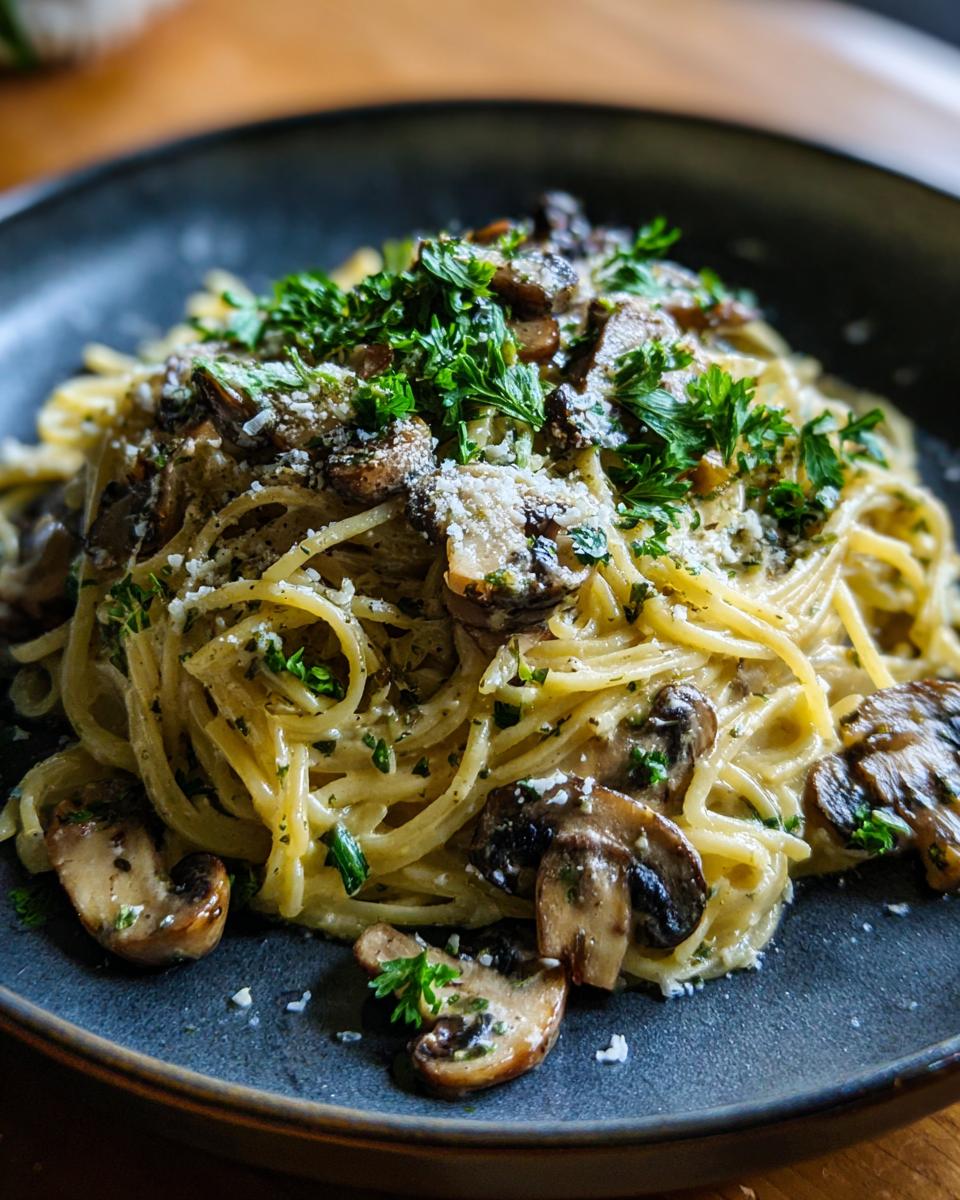 Close-up of Creamy Garlic Mushroom Pasta on a dark plate, garnished with parsley and parmesan.