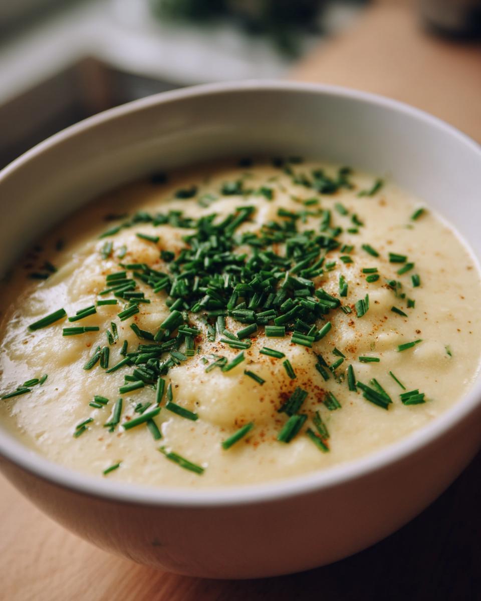 Close-up of a bowl of Creamy Potato Leek Soup garnished with chives.