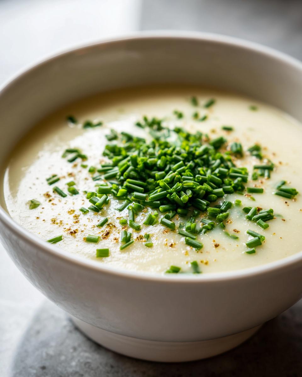 Close-up of a bowl of Creamy Potato Leek Soup, garnished with fresh chives.