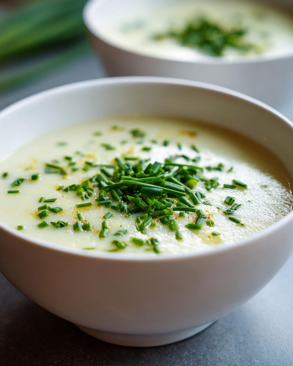 Two bowls of Creamy Potato Leek Soup for Cold Evenings, garnished with fresh chives.