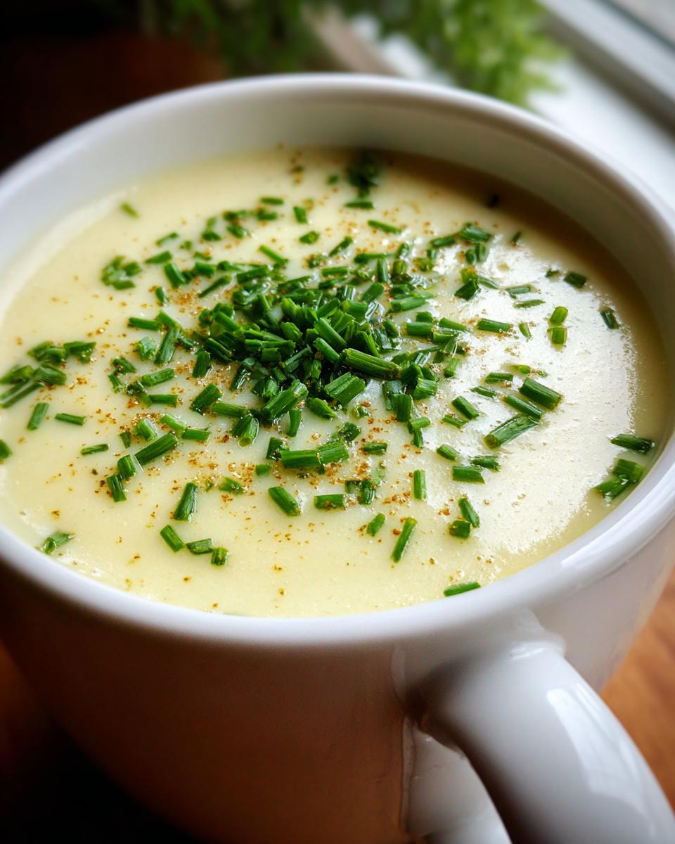 Close-up of Creamy Potato Leek Soup in a white mug, garnished with fresh chives.