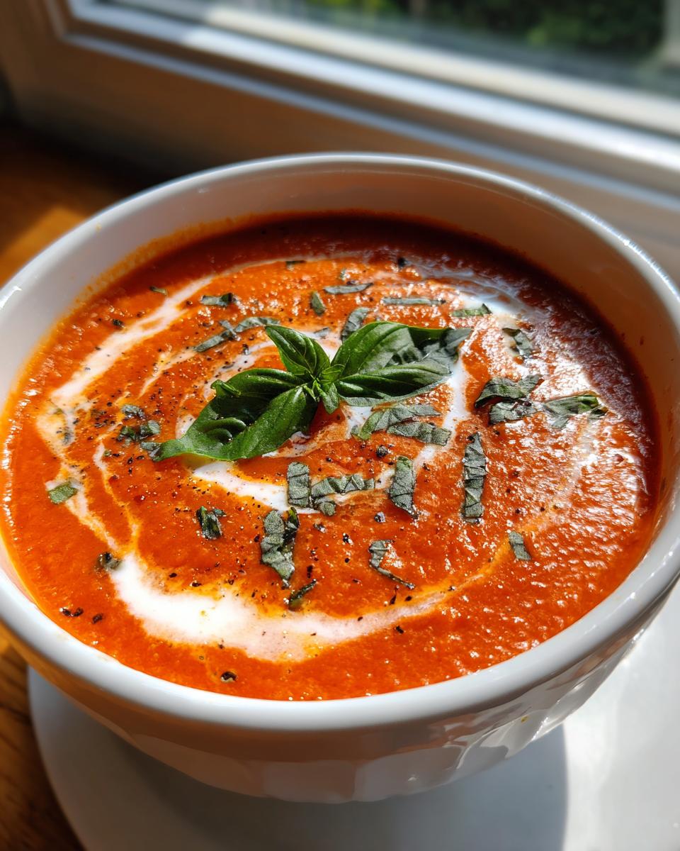 Close-up of a bowl of Creamy Roasted Tomato Soup, garnished with basil and cream swirl.