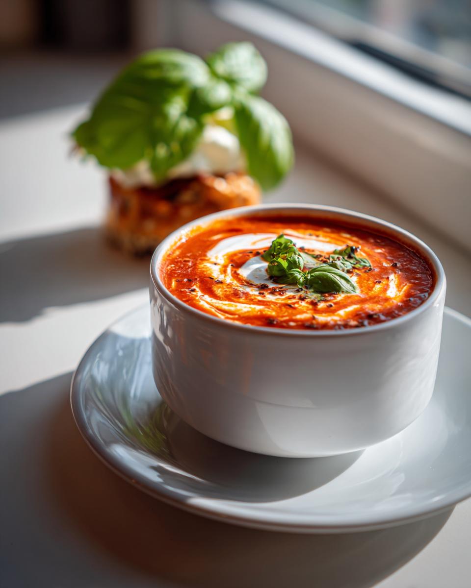 A bowl of creamy roasted tomato soup, garnished with basil and a swirl of cream.
