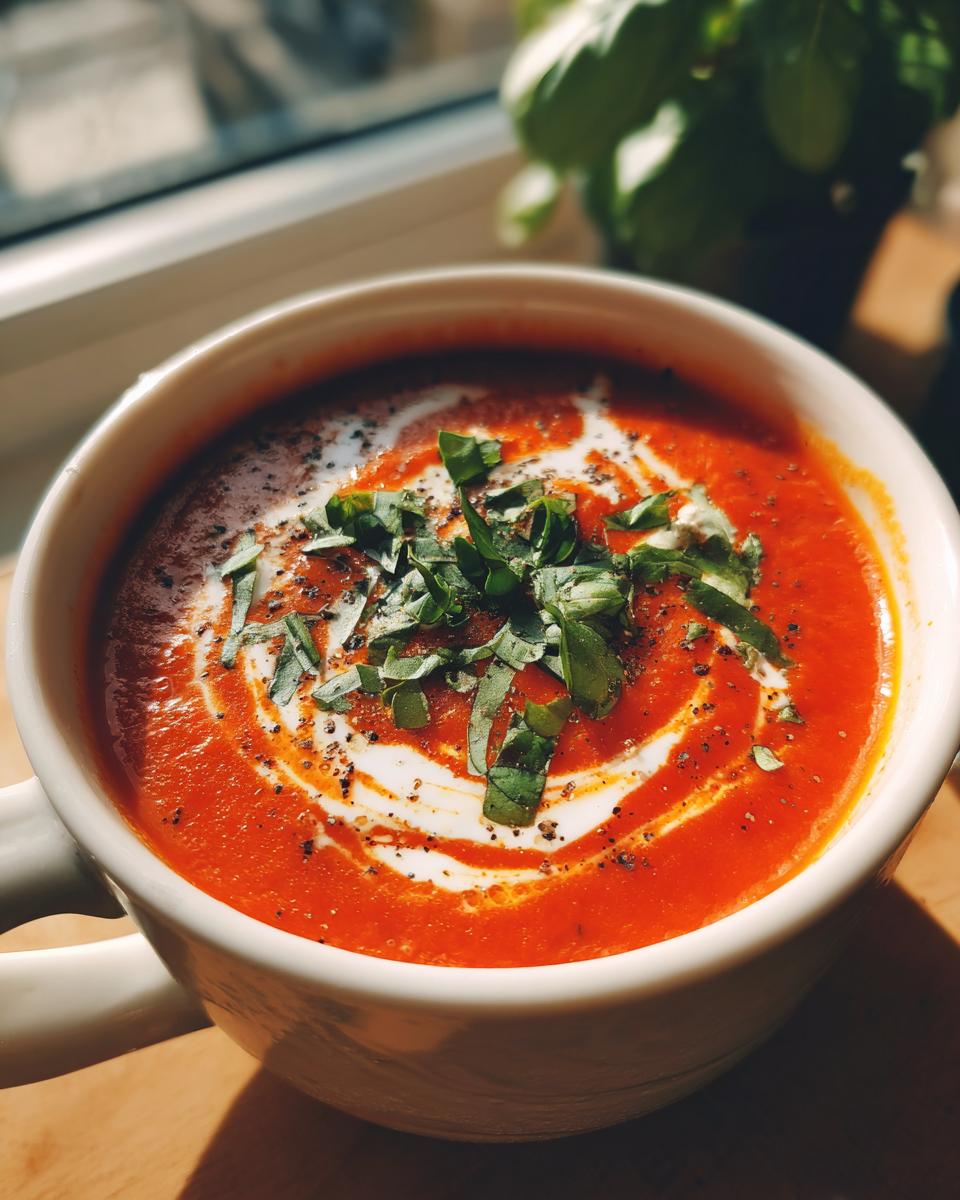 Close-up of a mug filled with creamy roasted tomato soup, garnished with basil and cream.