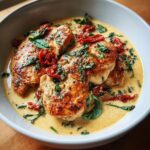 Close-up of Creamy Tuscan Chicken in a bowl, with sun-dried tomatoes and basil.