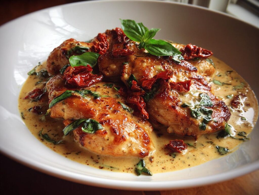 Close-up of Creamy Tuscan Chicken in a white bowl, with sun-dried tomatoes and basil.