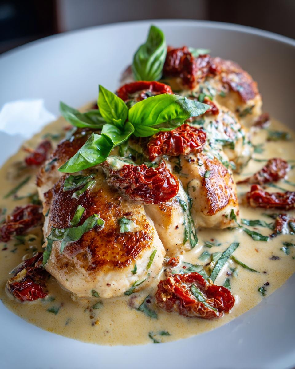 Close-up of Creamy Tuscan Chicken in a creamy sauce, garnished with basil and sun-dried tomatoes.