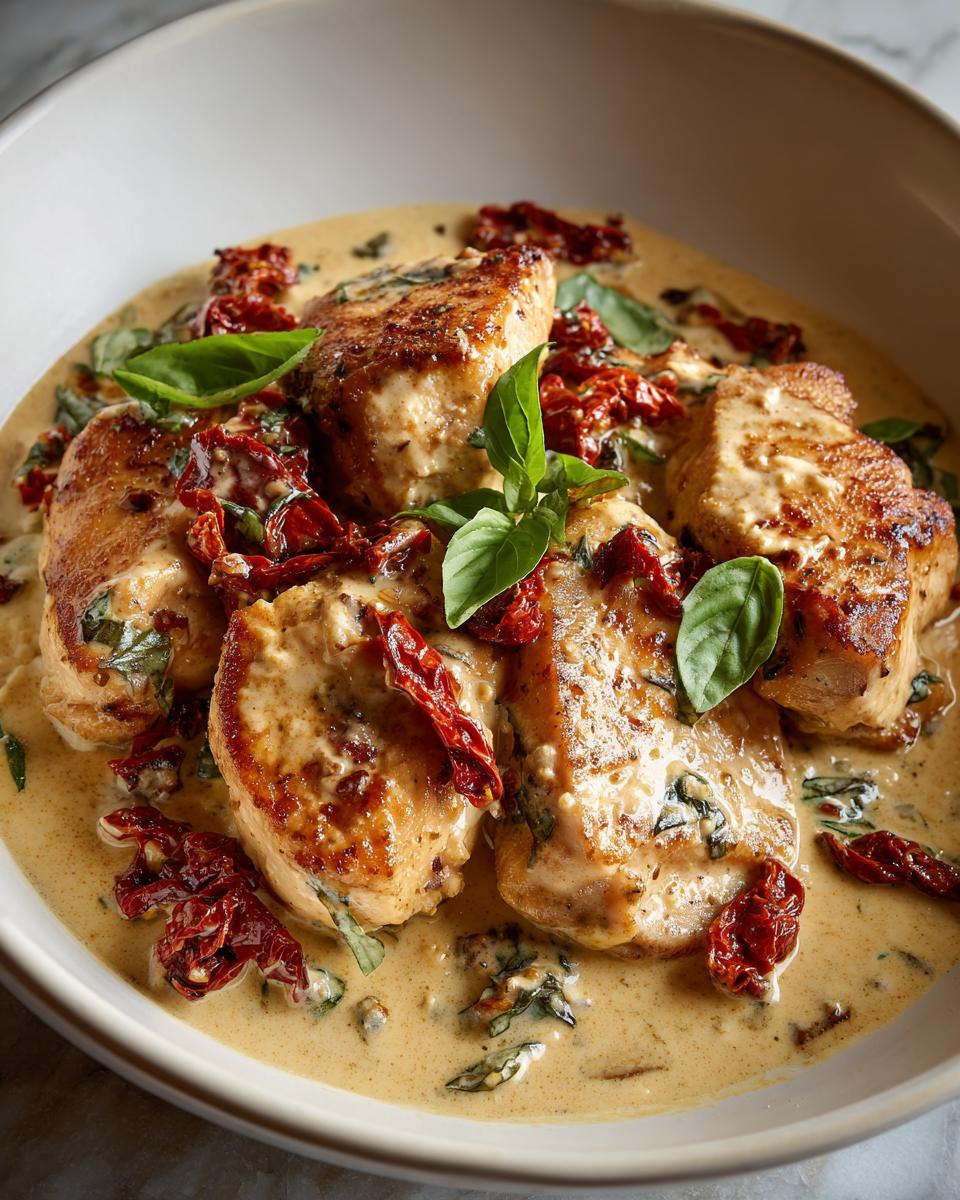 Close-up of Creamy Tuscan Chicken in a creamy sauce with sun-dried tomatoes and basil.
