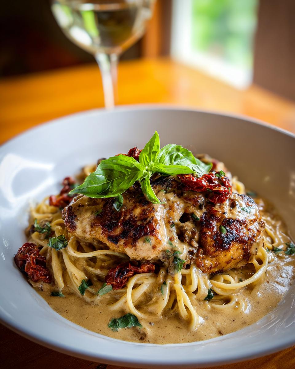 Close-up of Creamy Tuscan Chicken served with pasta, sun-dried tomatoes, and fresh basil.