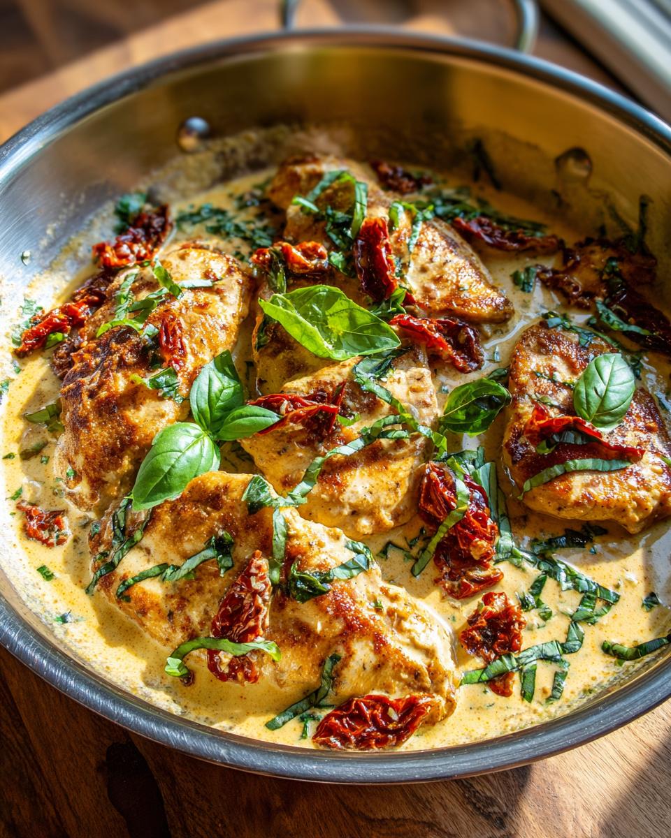 Close-up of Creamy Tuscan Chicken in a skillet, garnished with fresh basil and sun-dried tomatoes.
