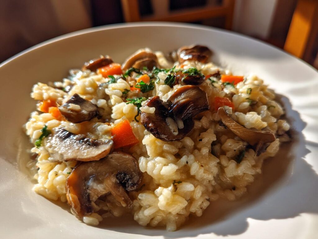 Close-up of a bowl of creamy winter mushroom risotto with mushrooms, carrots, and herbs.