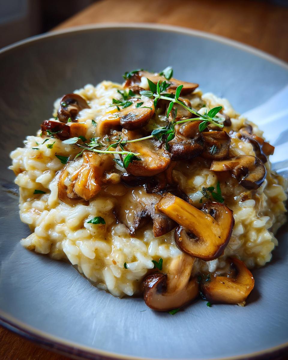 Close-up of creamy winter mushroom risotto topped with sauteed mushrooms and fresh herbs.