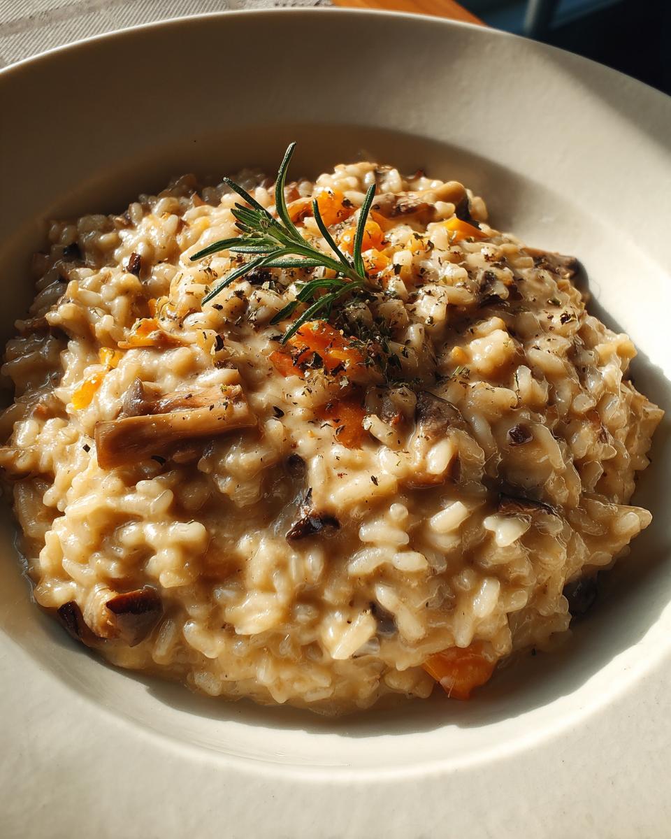 Close-up of a bowl of creamy winter mushroom risotto, garnished with herbs.