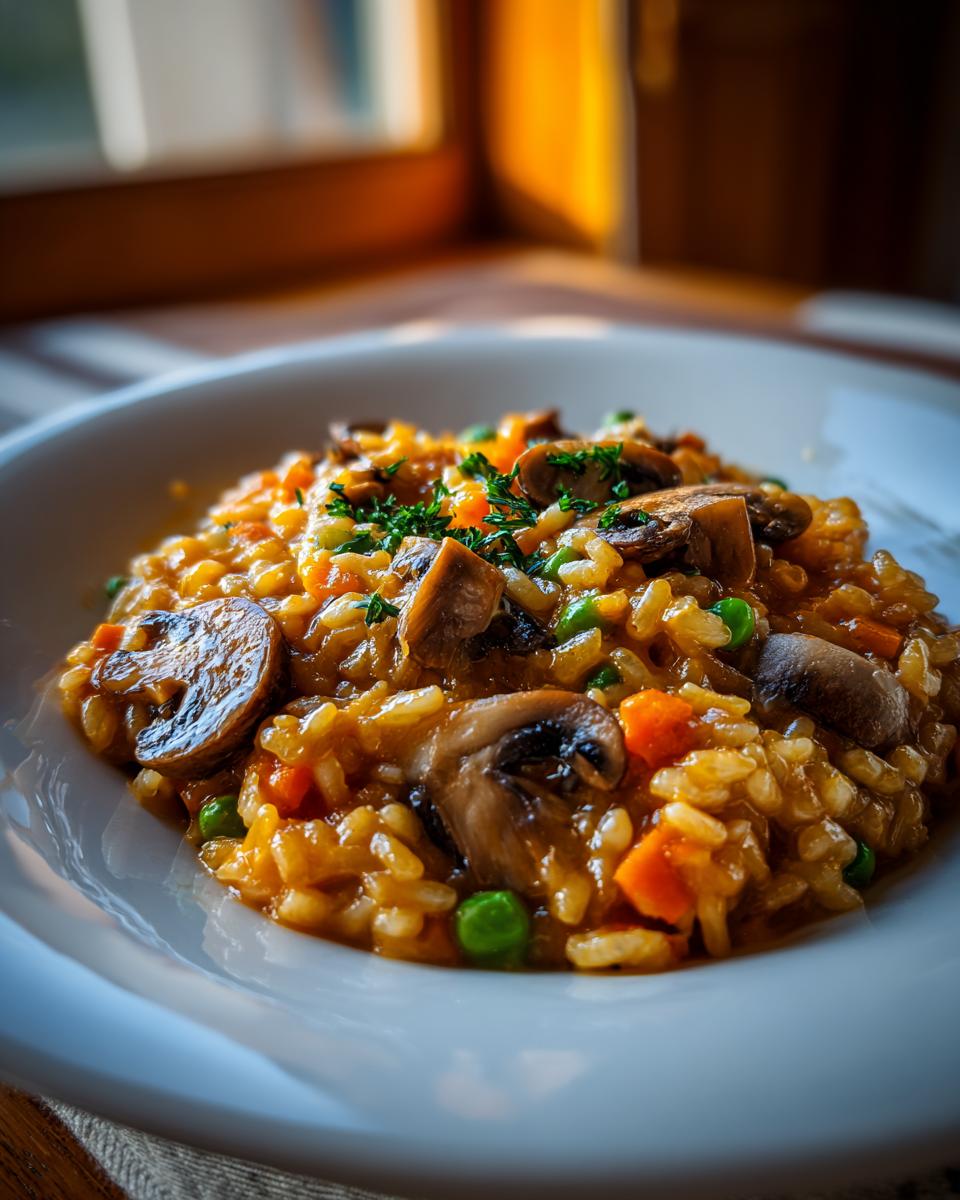 Close-up of a bowl of creamy winter mushroom risotto, garnished with parsley and vegetables.