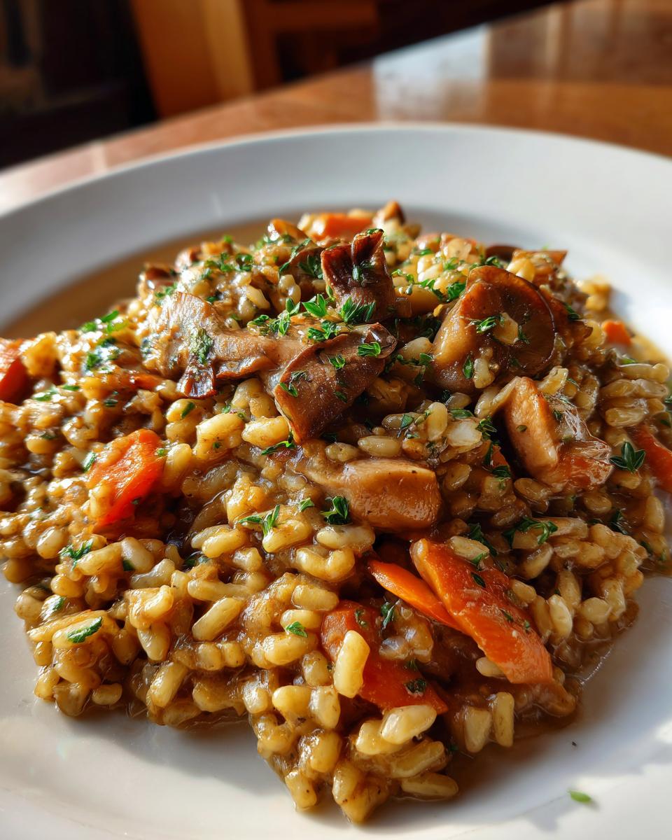 Close-up of Creamy Winter Mushroom Risotto served on a white plate, garnished with fresh herbs.