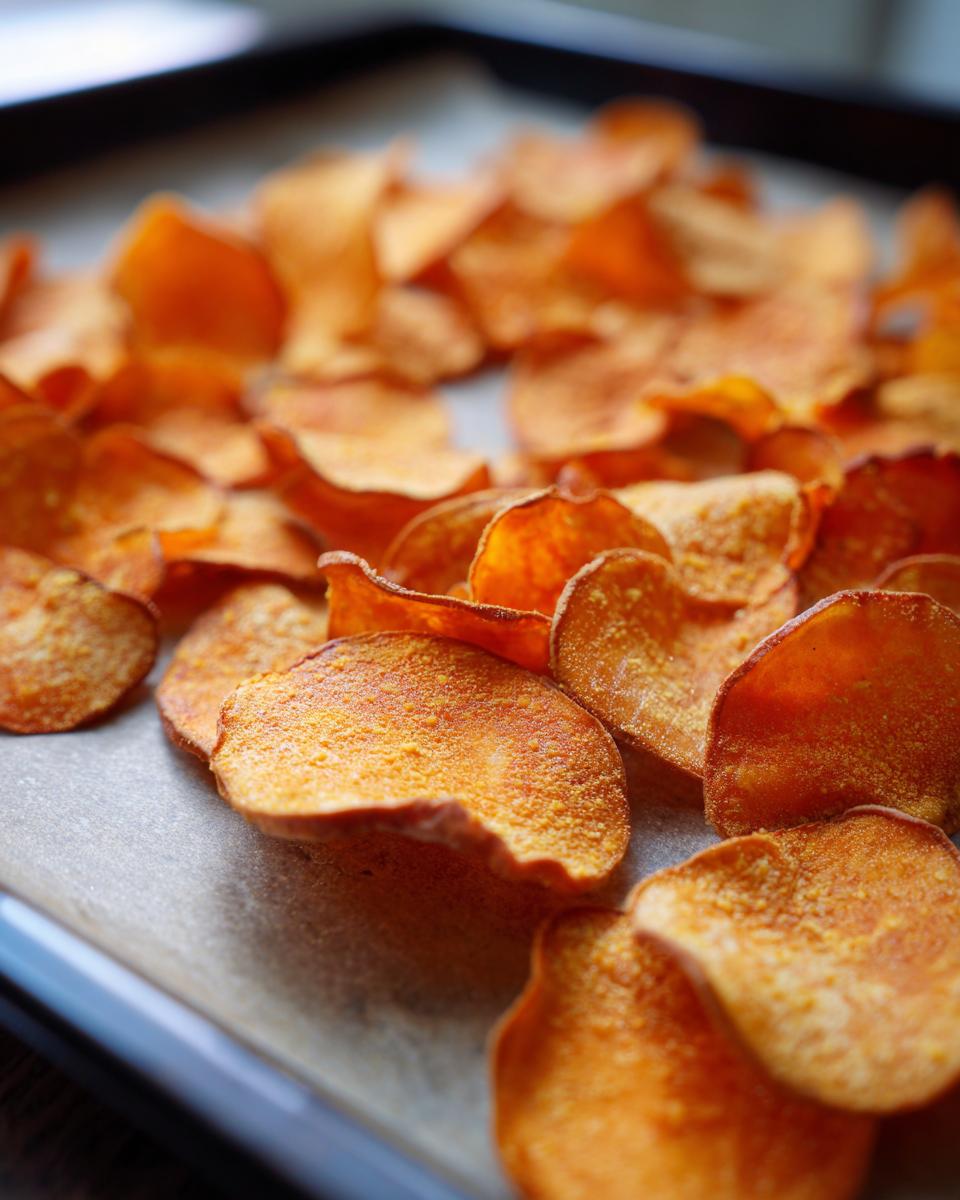 Close-up of freshly baked Crunchy Sweet Potato Chips on a baking sheet.