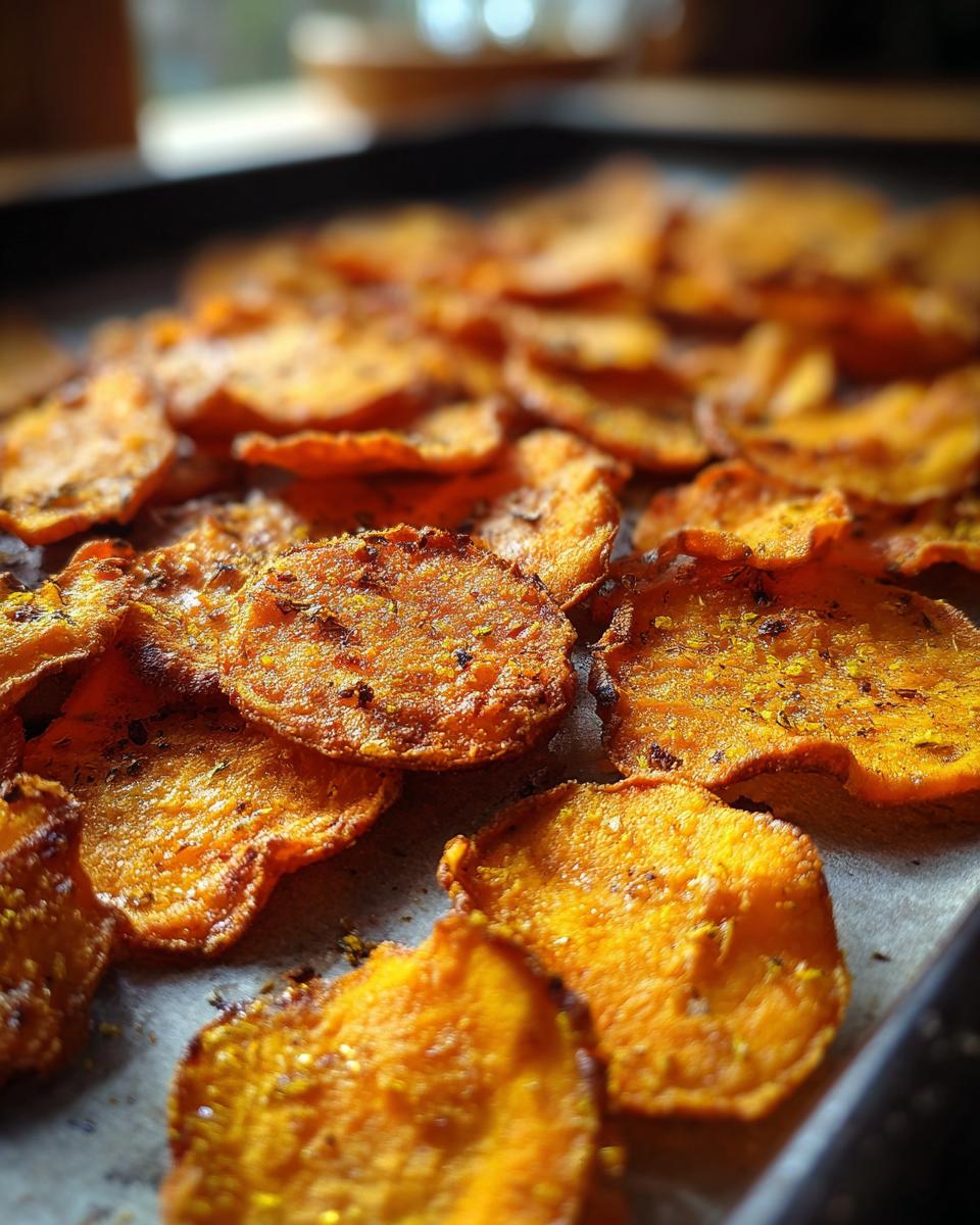 Close-up of freshly baked Crunchy Sweet Potato Chips on a baking sheet, seasoned and ready to eat.